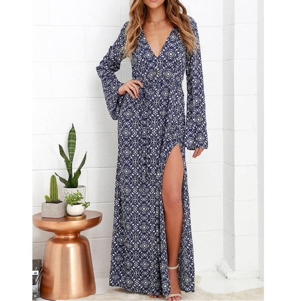 Lulus Mandala Daydream Blue Print Maxi Long Slit Dress XS